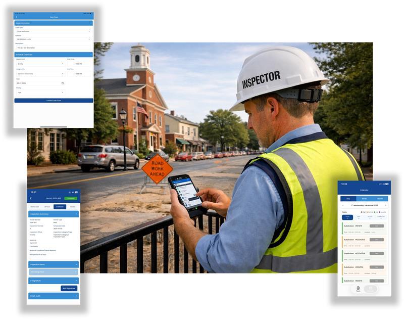 MuniInspect mobile inspection app interface for local governments.
